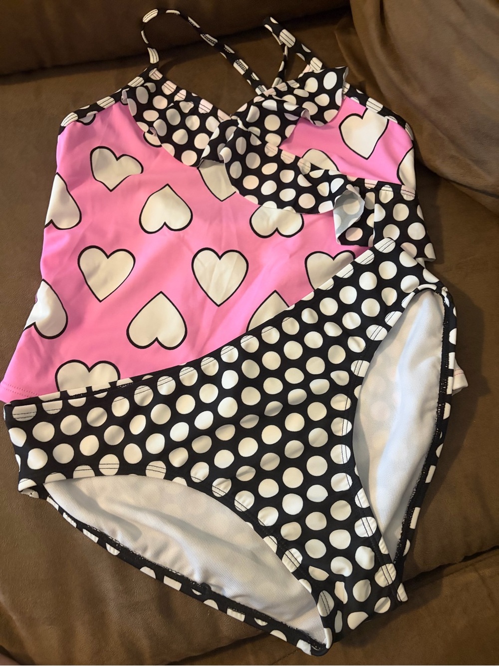 Luvable Friends Pink Heart One-Piece with Black & White Polka Dot Trim